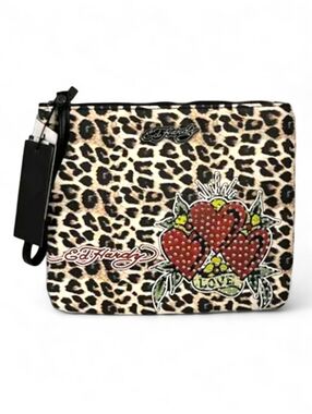 Ed Hardy Leopard‎ Hearts LOVE Wristlet Pouch Clutch Bag Cheetah Print Rhinestone